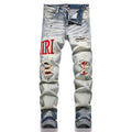 Amiri Light Blue Red Logo Distressed Jeans