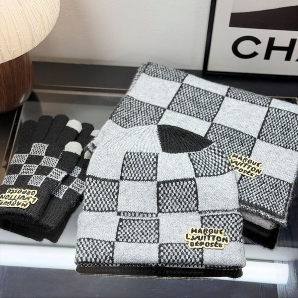 Set Louis Vuitton di berretto e guanti in maglia a scacchi – grigio/blu