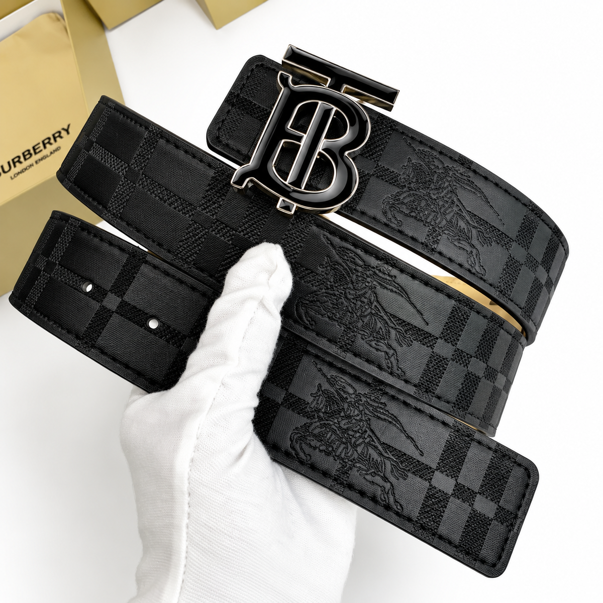 Burberry TB Monogram Check Belt – Black