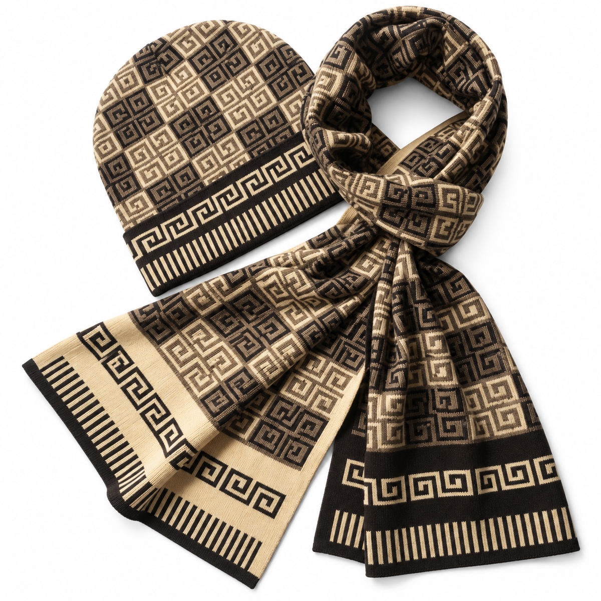 Versace Greek Key Beanie & Scarf Set – Brown/Black