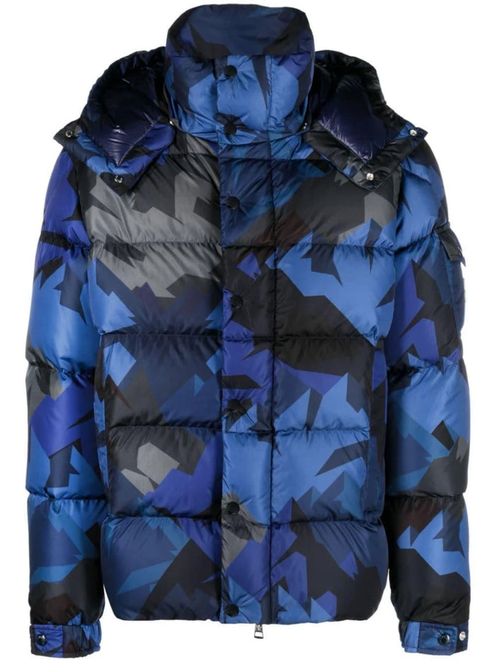 Piumino Moncler Blue Mosa con stampa grafica