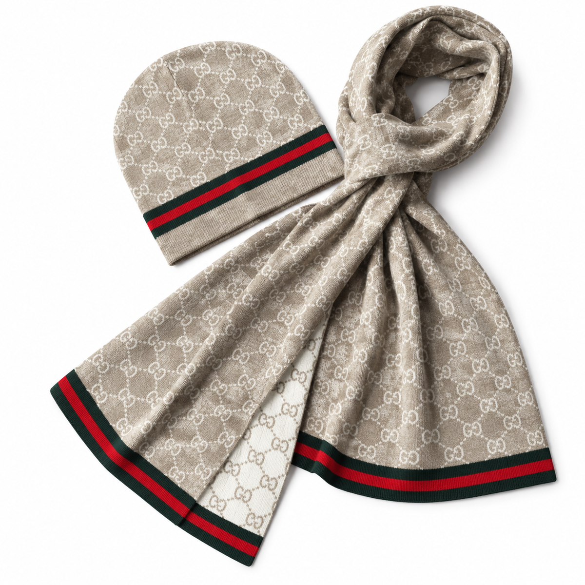 Gucci GG Beanie & Scarf Set – Beige