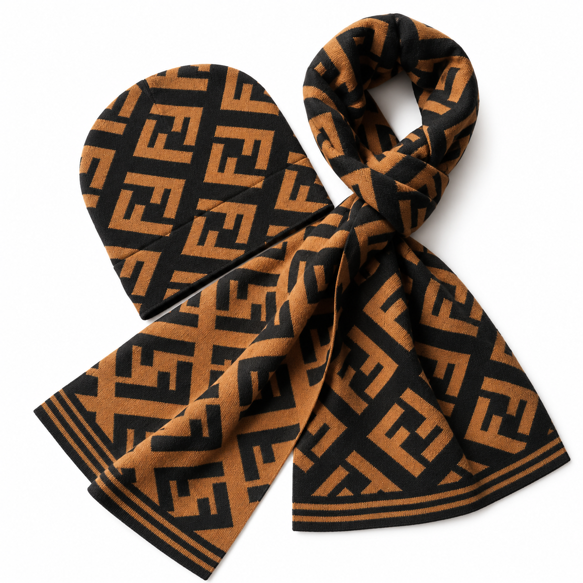 Fendi FF Beanie & Scarf Set – Brown/Black
