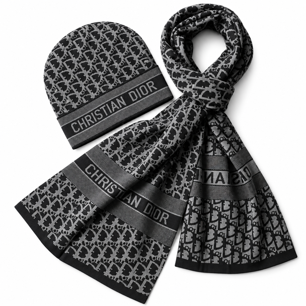 Dior Oblique Beanie & Scarf Set – Black/Grey