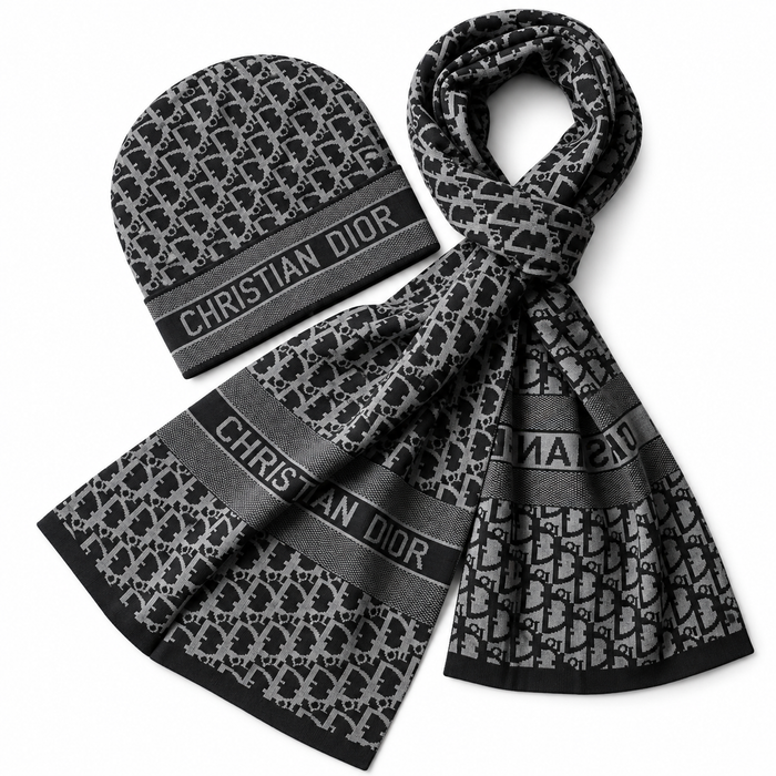 Dior Oblique Beanie & Scarf Set – Black/Grey