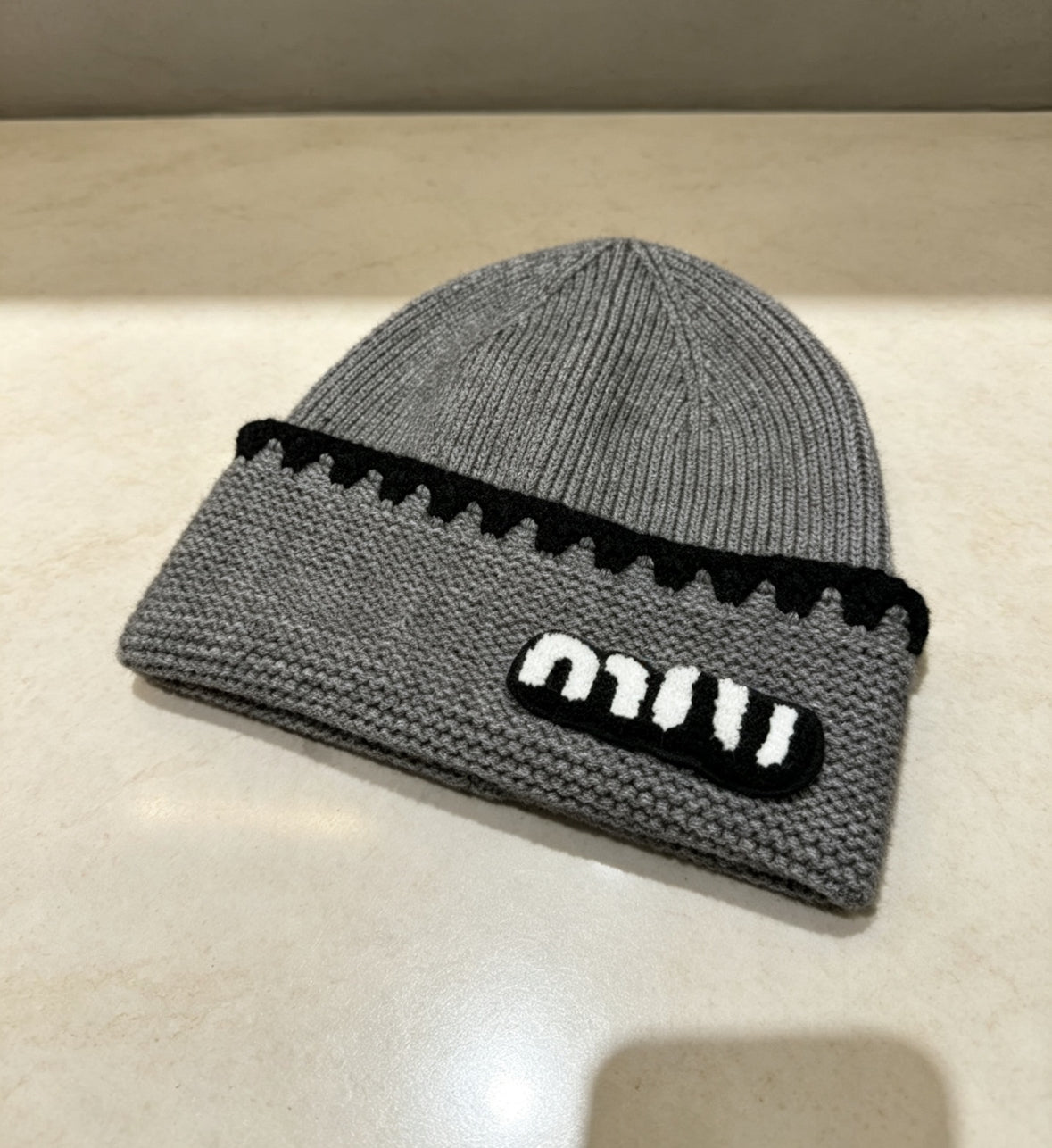 Miu Miu Knit Logo Beanie – Grey