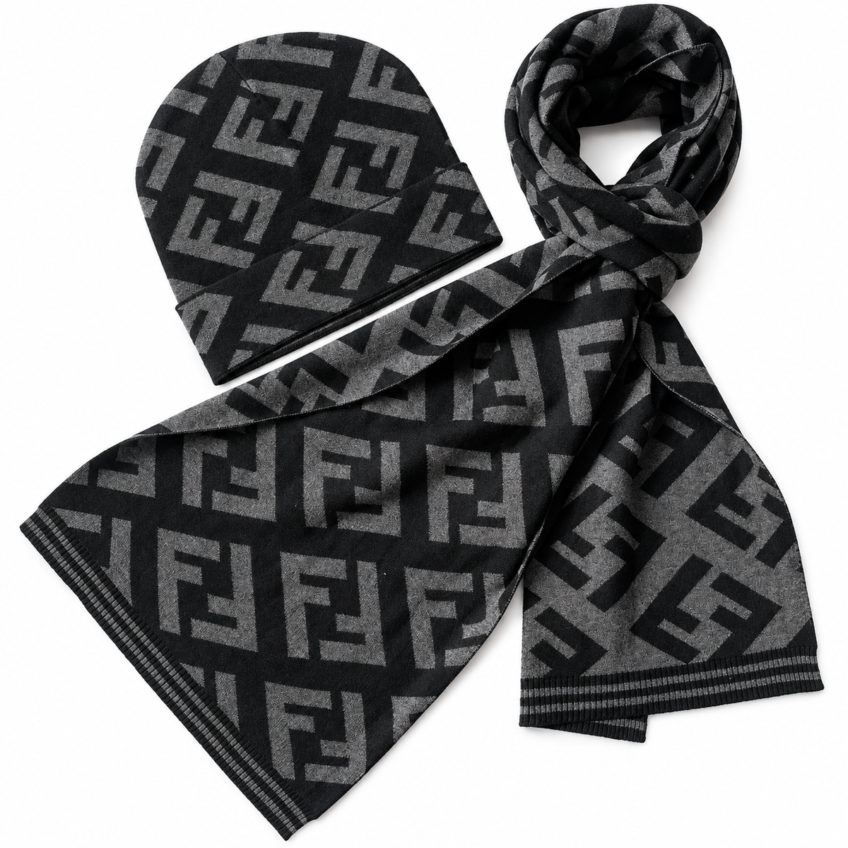 Fendi FF Beanie & Scarf Set – Black/Grey