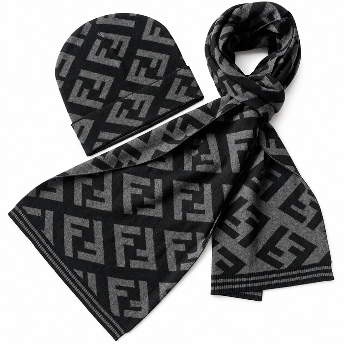 Set Fendi FF con berretto e sciarpa – Nero/grigio