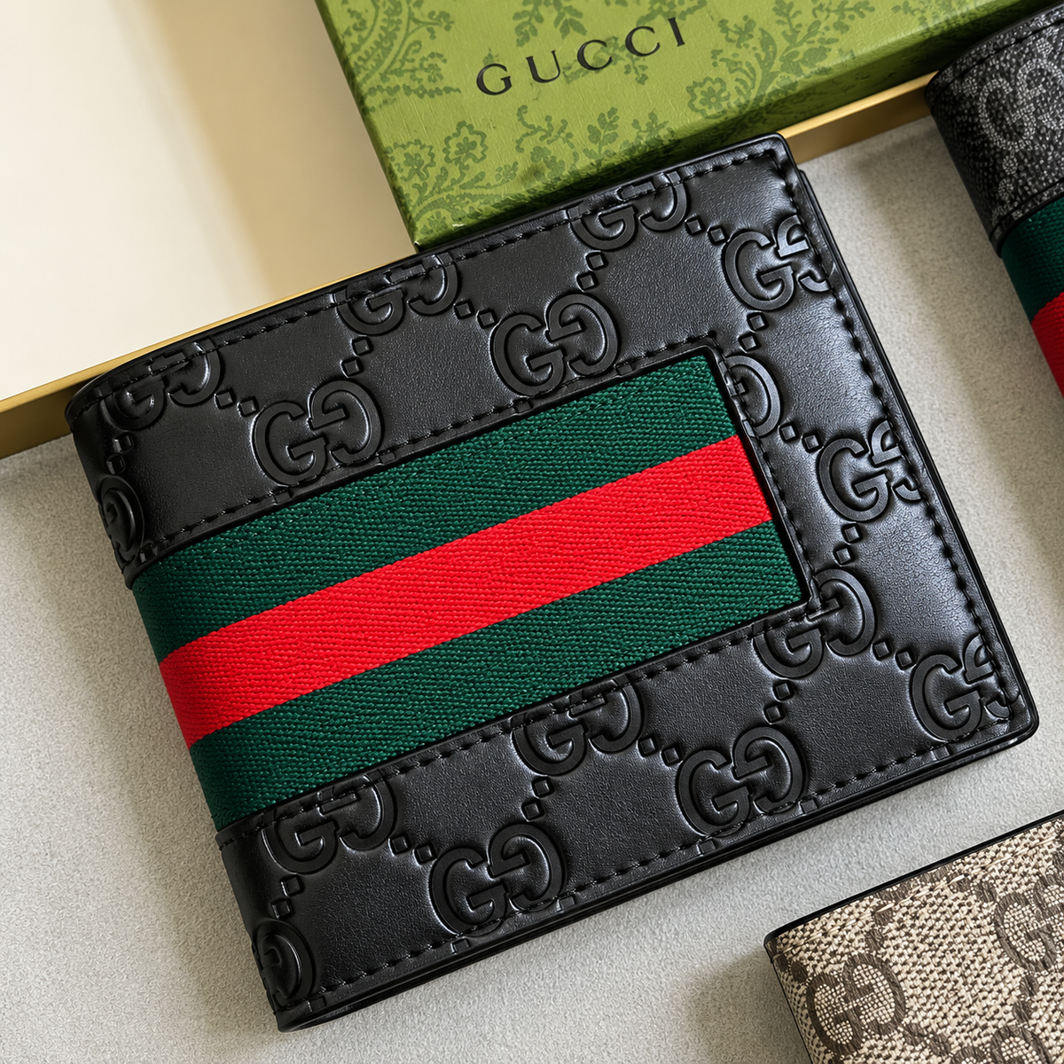 Gucci GG Embossed Leather Web Card Holder – Black