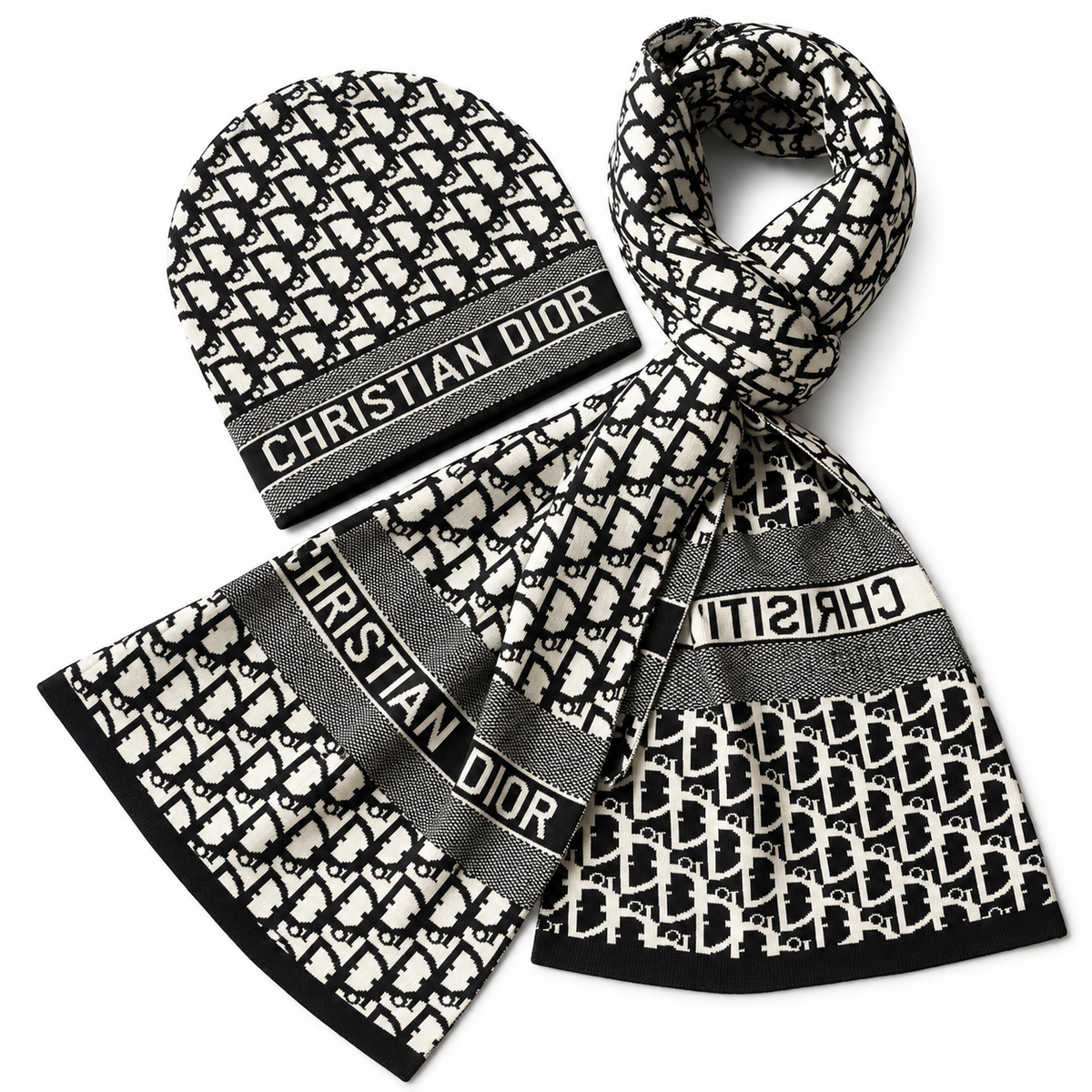 Dior Oblique Beanie & Scarf Set – White/Black/Grey