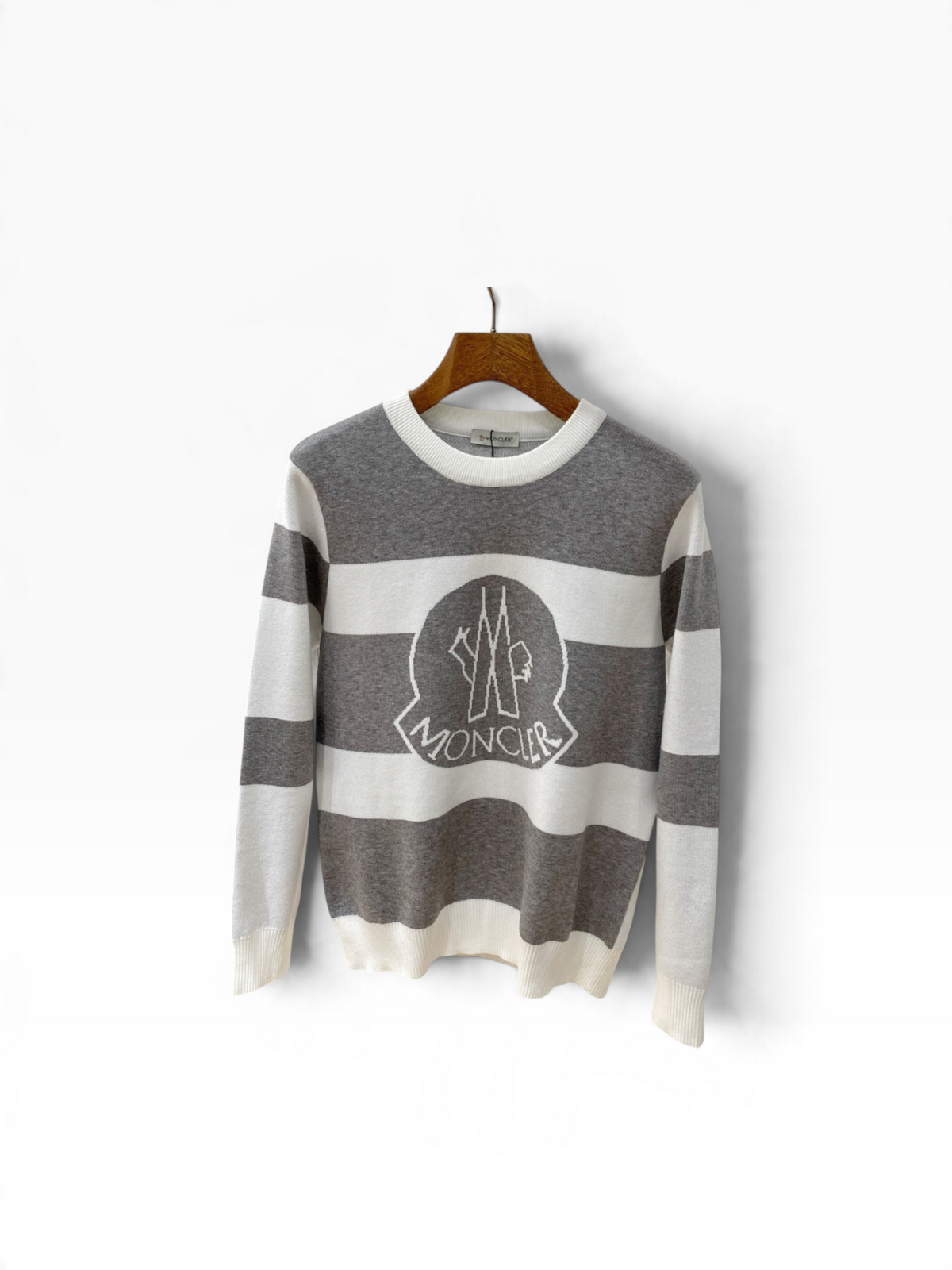 Moncler Logo Stripe Knit Sweater – Grey/White