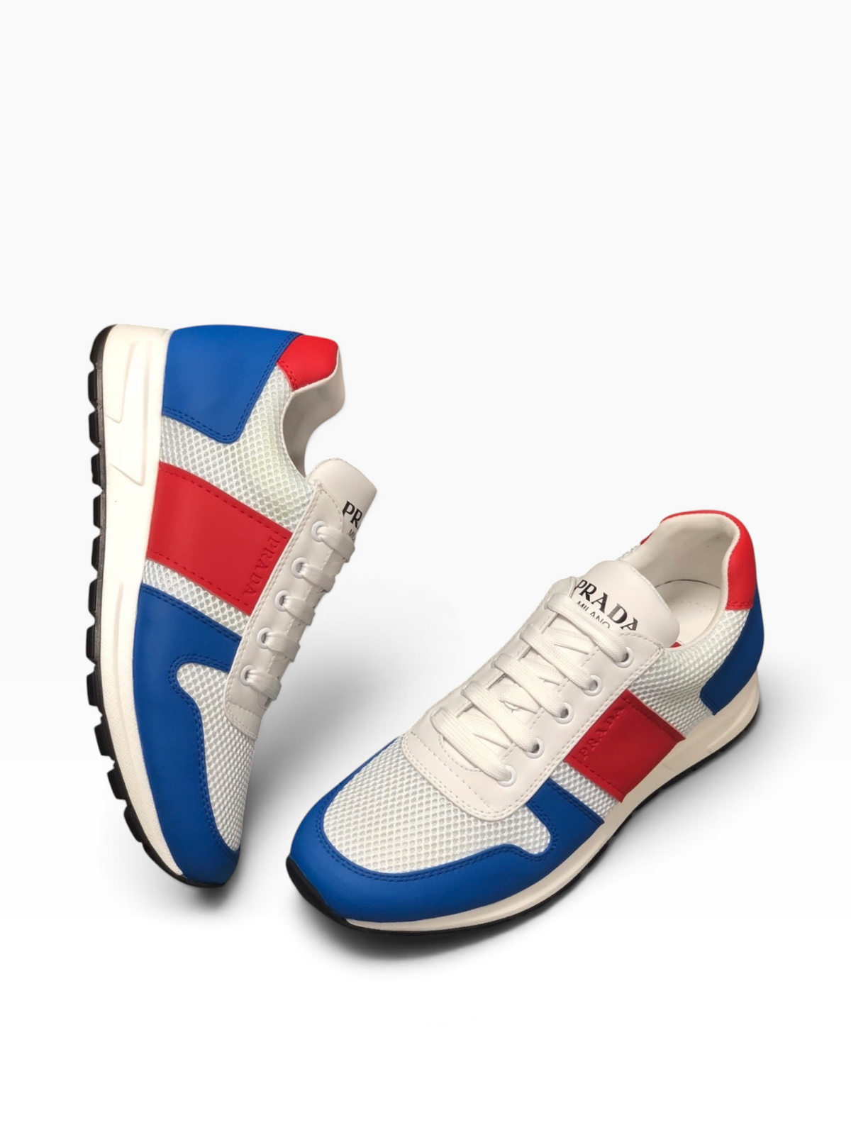 Prada White, Blue & Red Designer Sneakers