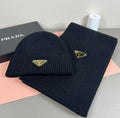 Prada Grey Ribbed Knit Beanie & Scarf Set