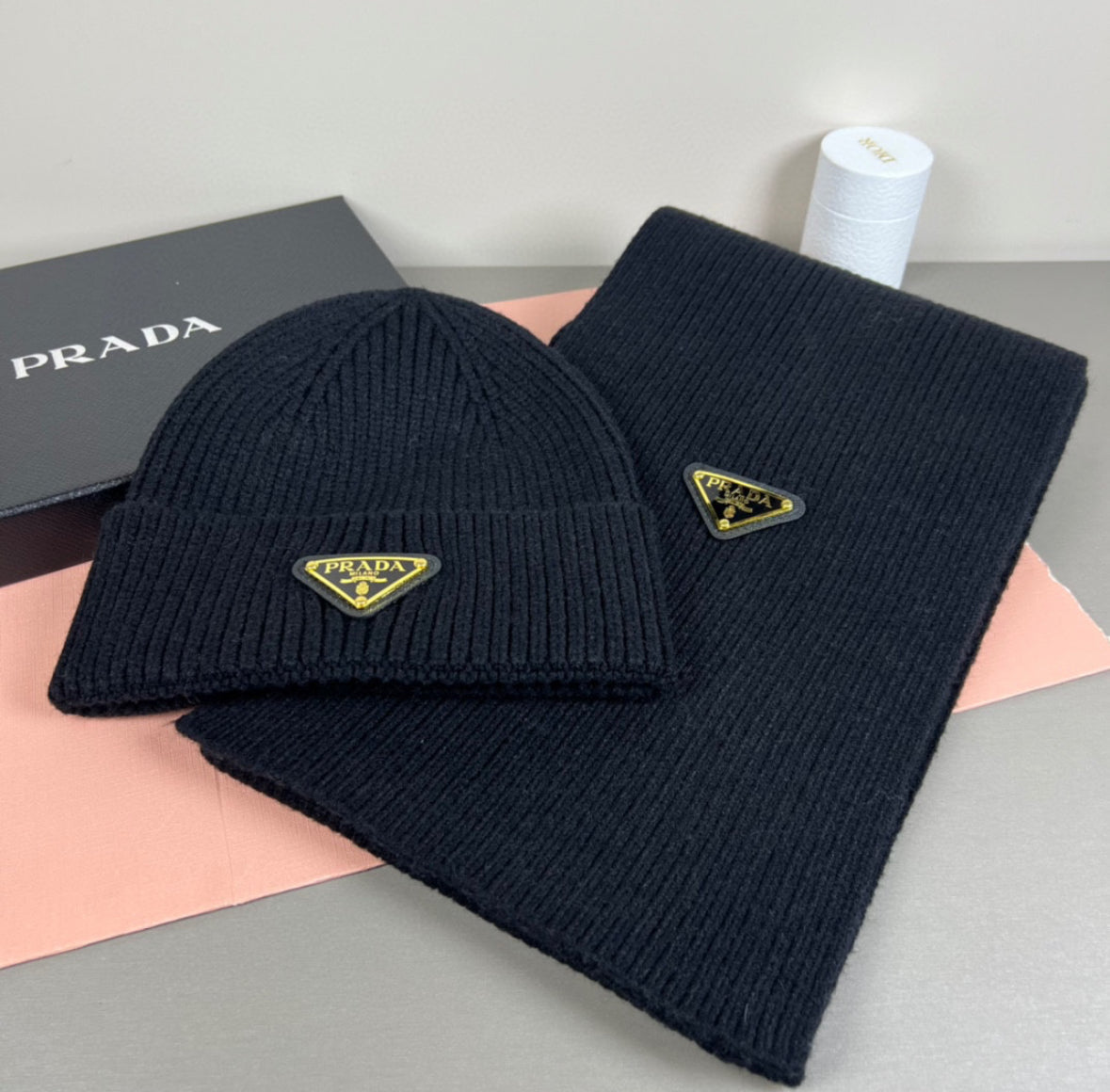 Prada Grey Ribbed Knit Beanie & Scarf Set