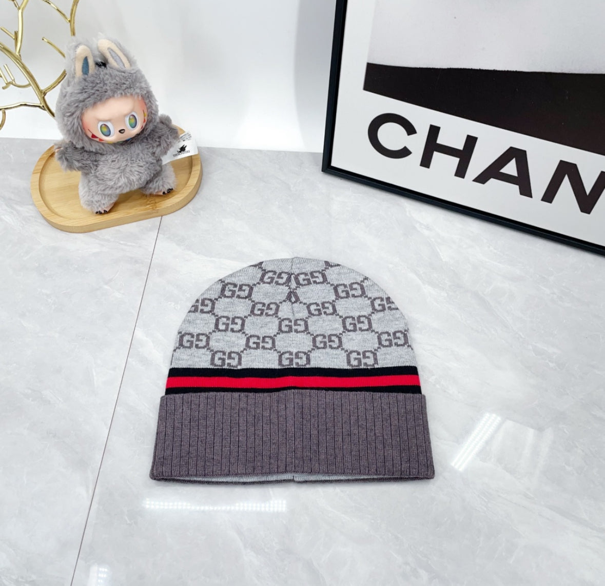 Gucci GG Pattern Web Stripe Beanie – Grey