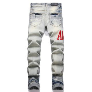 Amiri Light Blue Red Logo Distressed Jeans