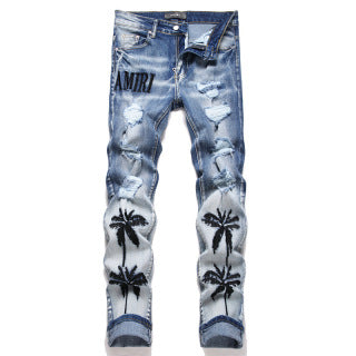 Amiri Blue Palm Tree Distressed Jeans