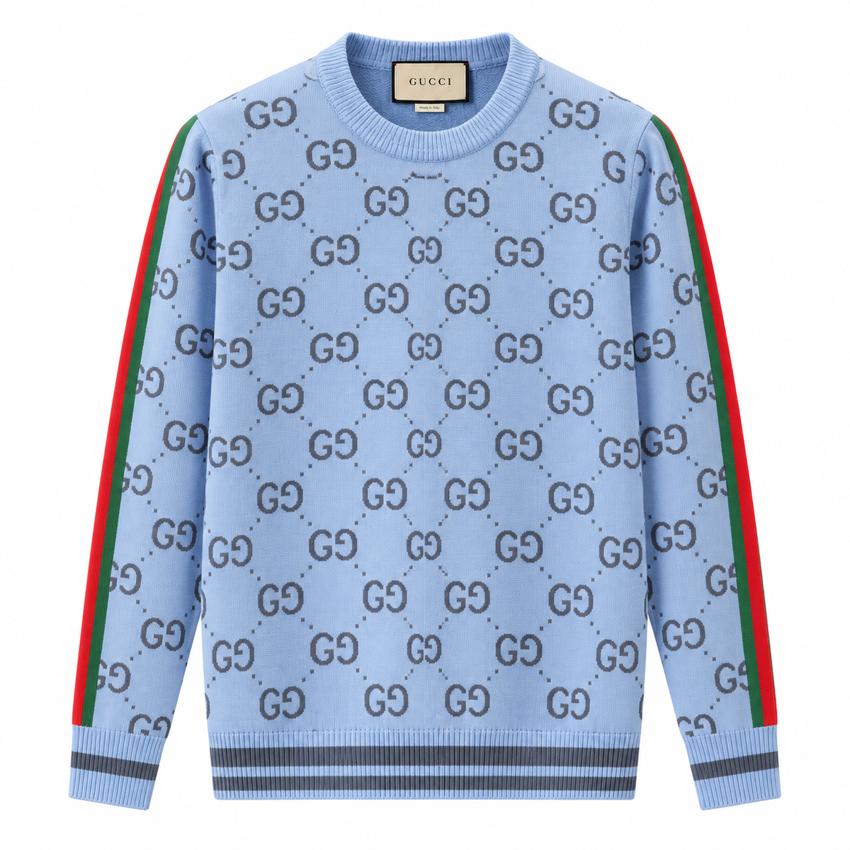 Gucci GG Monogram Sweater with Web Stripe – Light Blue