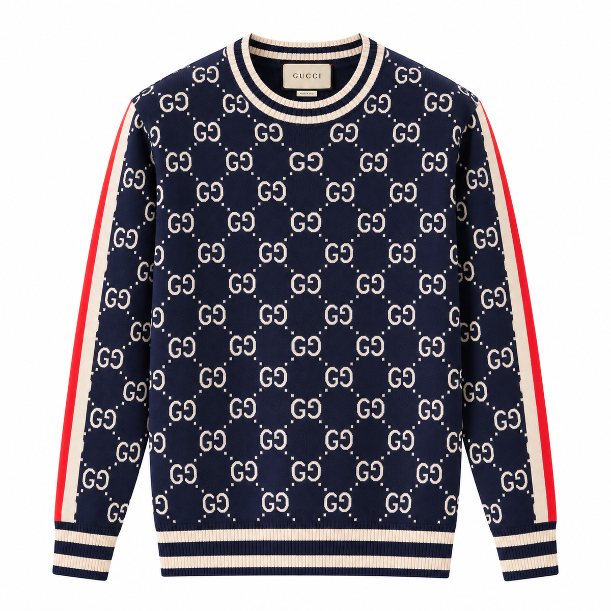Gucci GG Jacquard & Striped Knit Sweater – Navy/White/Red