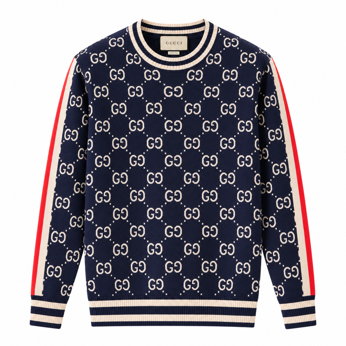 Gucci GG Jacquard & Striped Knit Sweater – Navy/White/Red
