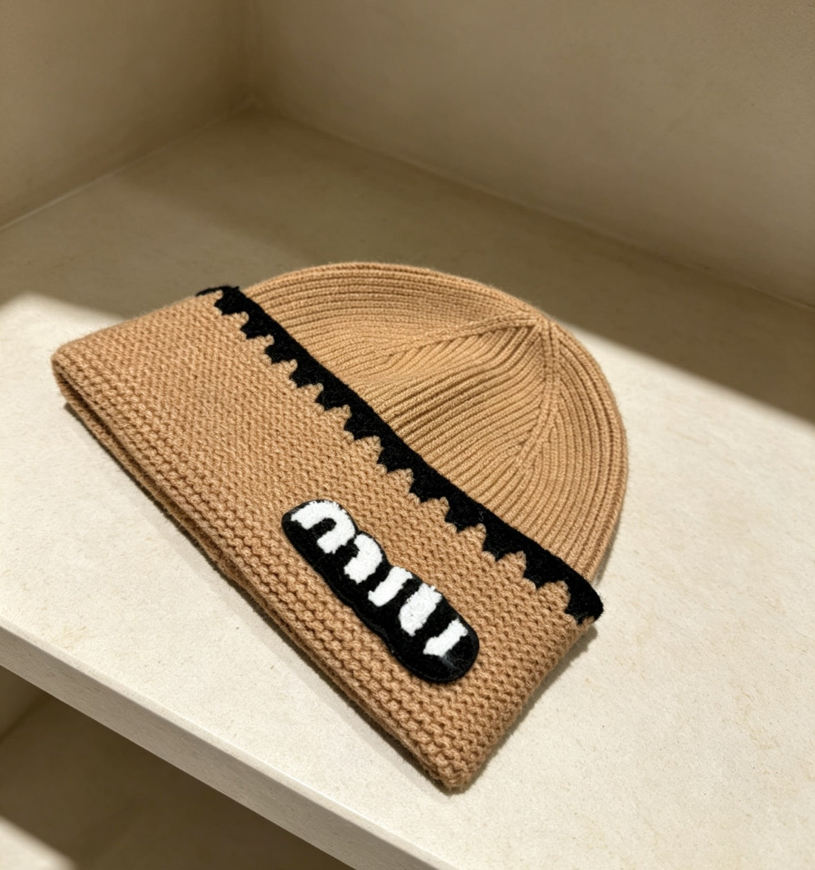 Miu Miu Logo Knit Beanie – Beige