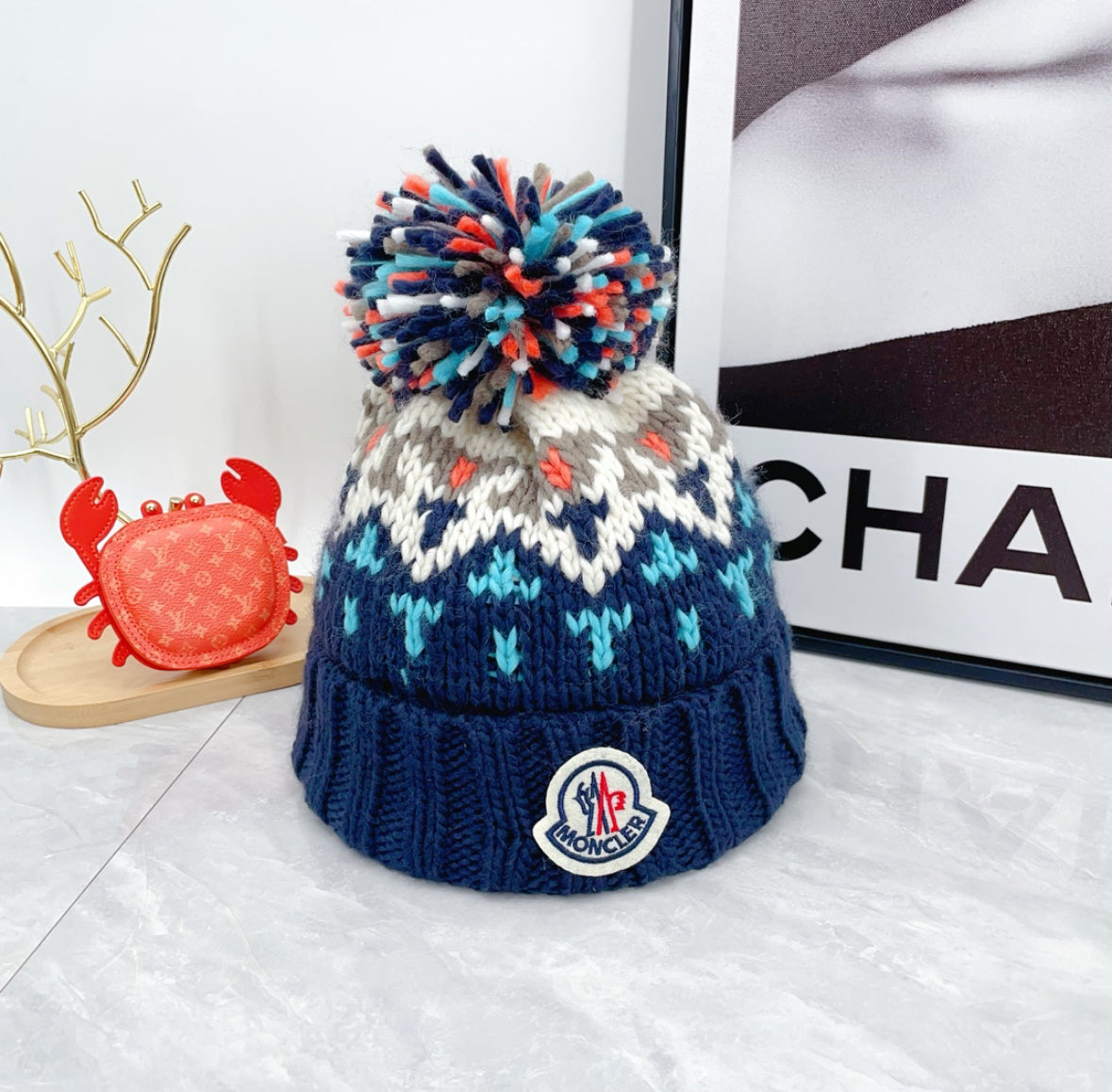 Moncler Pompom Wool Knit Beanie – Navy