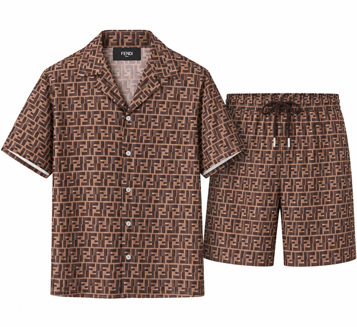 Fendi FF Silk Jacquard Shirt & Shorts Set – Brown