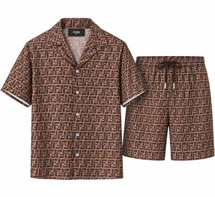 Completo Fendi in seta jacquard FF con camicia e shorts – Marrone