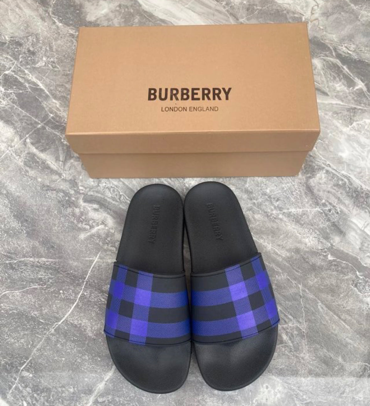 Burberry Check Slides – Blue/Navy
