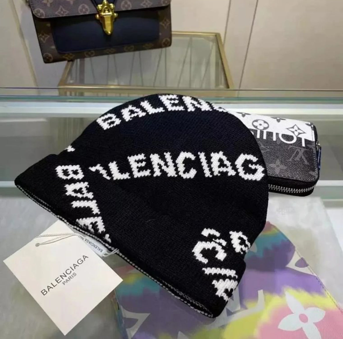 Balenciaga Allover Logo Knit Beanie – Black/White