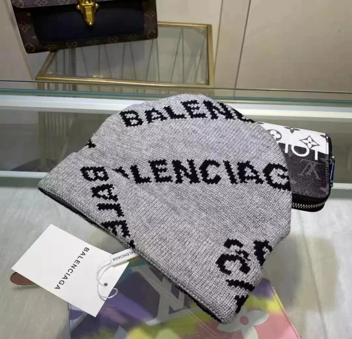 Balenciaga Allover Logo Knit Beanie – Grey/Black