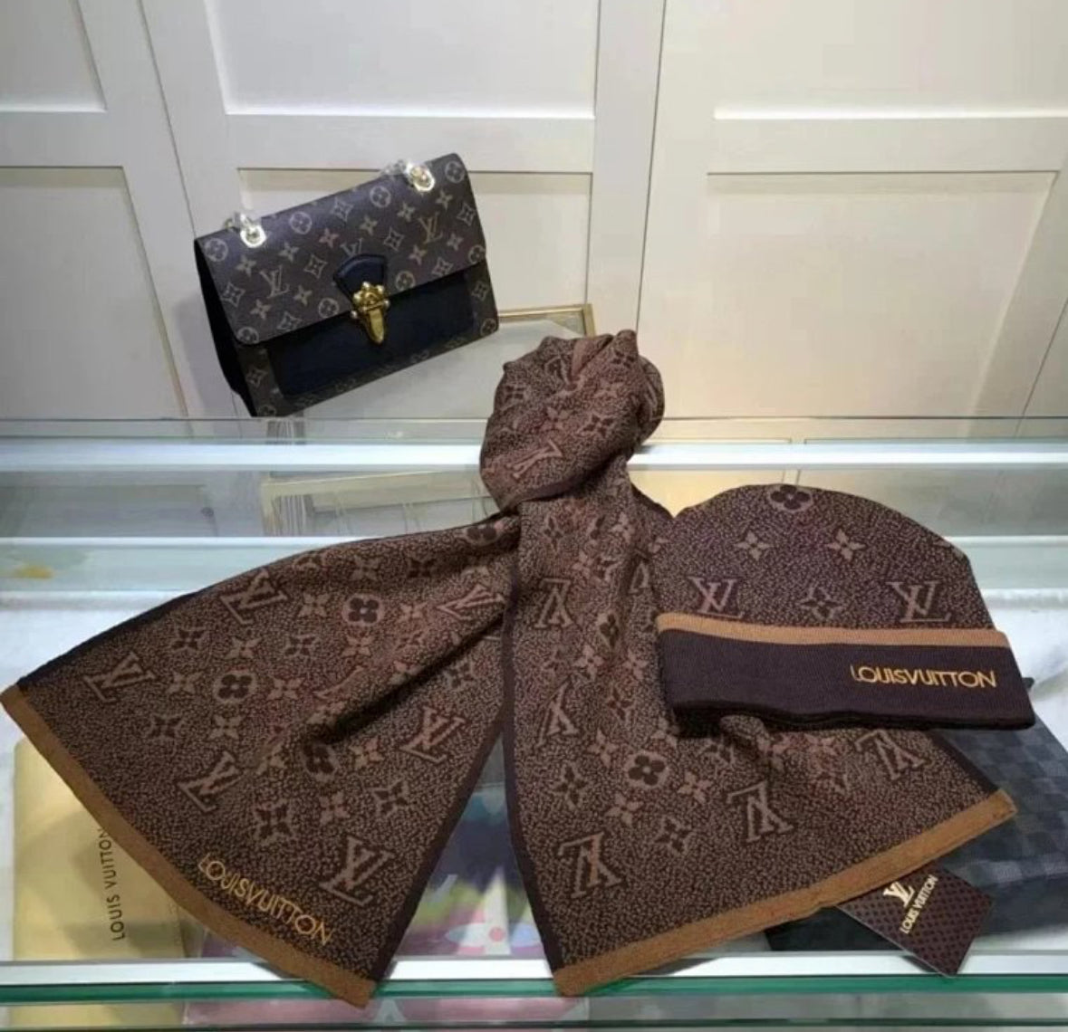 Louis Vuitton Monogram Beanie & Scarf Set – Brown