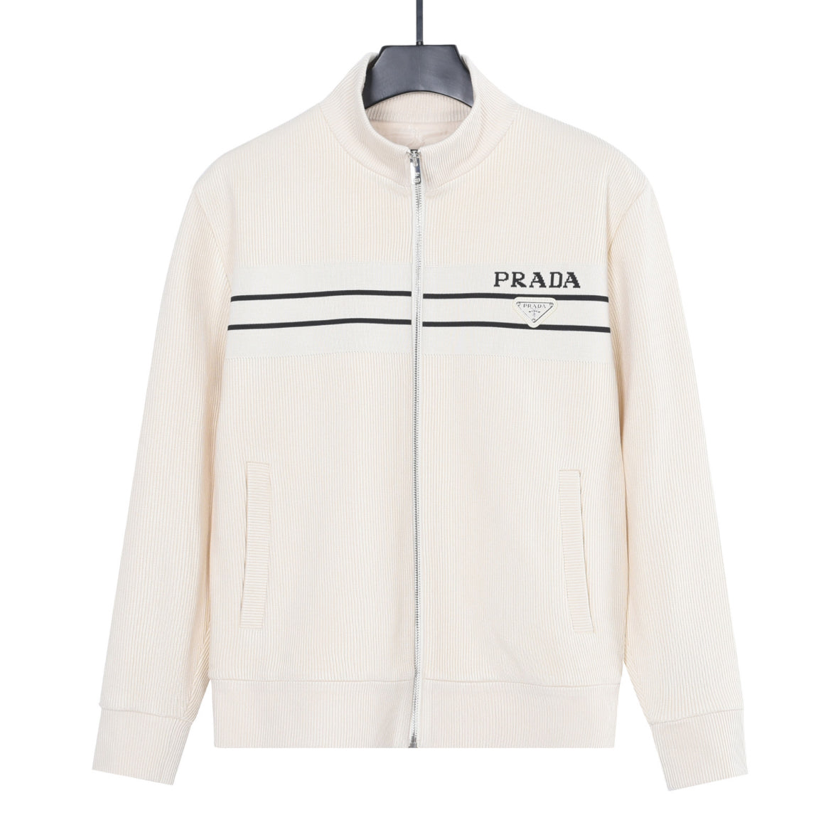 Prada Ribbed Logo Zip-Up Jacket – Cream