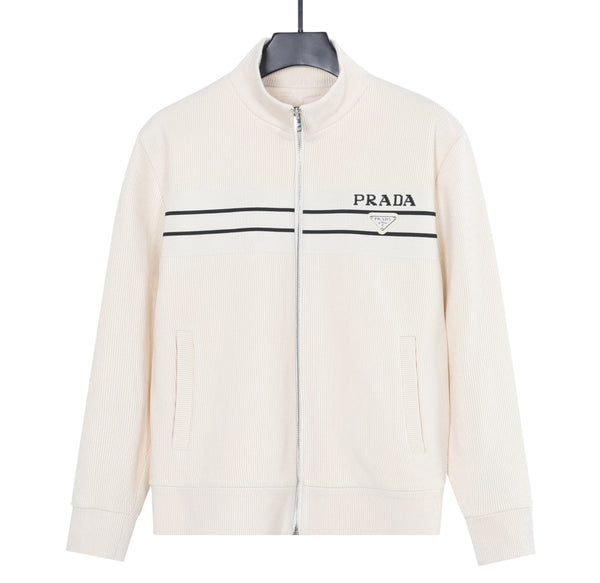 Giacca Prada con logo a coste e zip – Crema