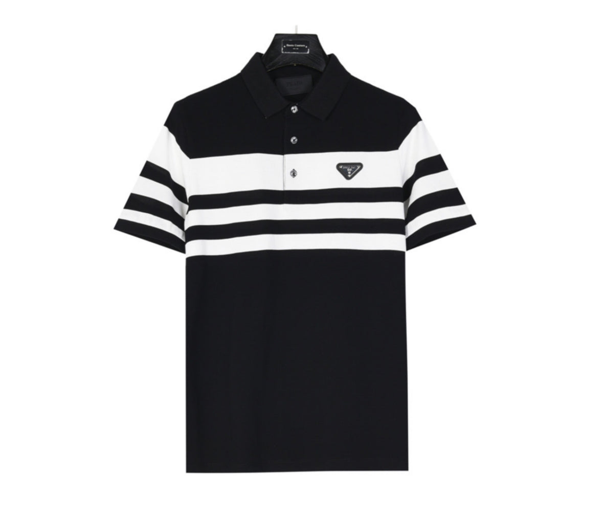 Prada Black & White Striped Polo Shirt