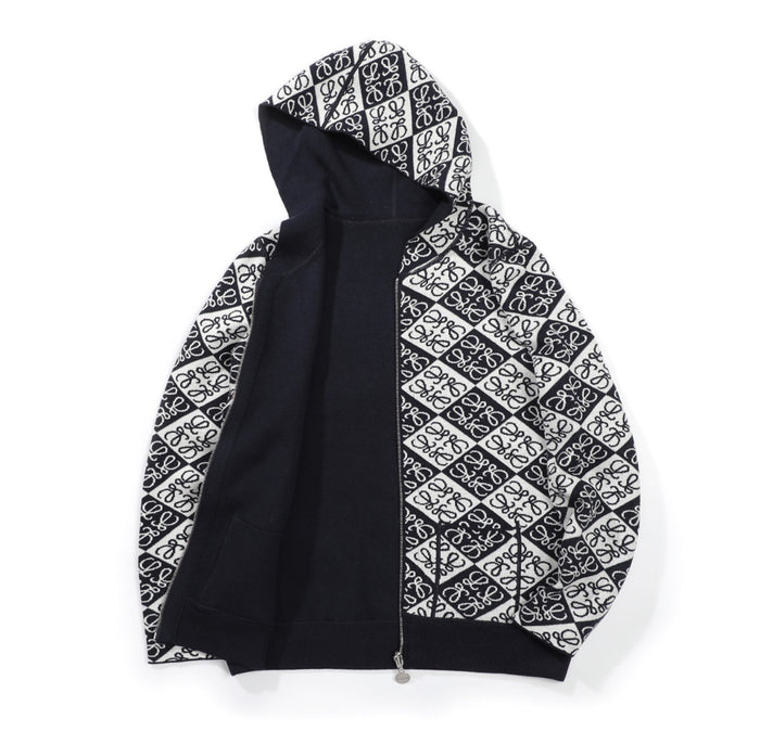 Sweat à capuche zippé Loewe Anagram en jacquard – noir et blanc