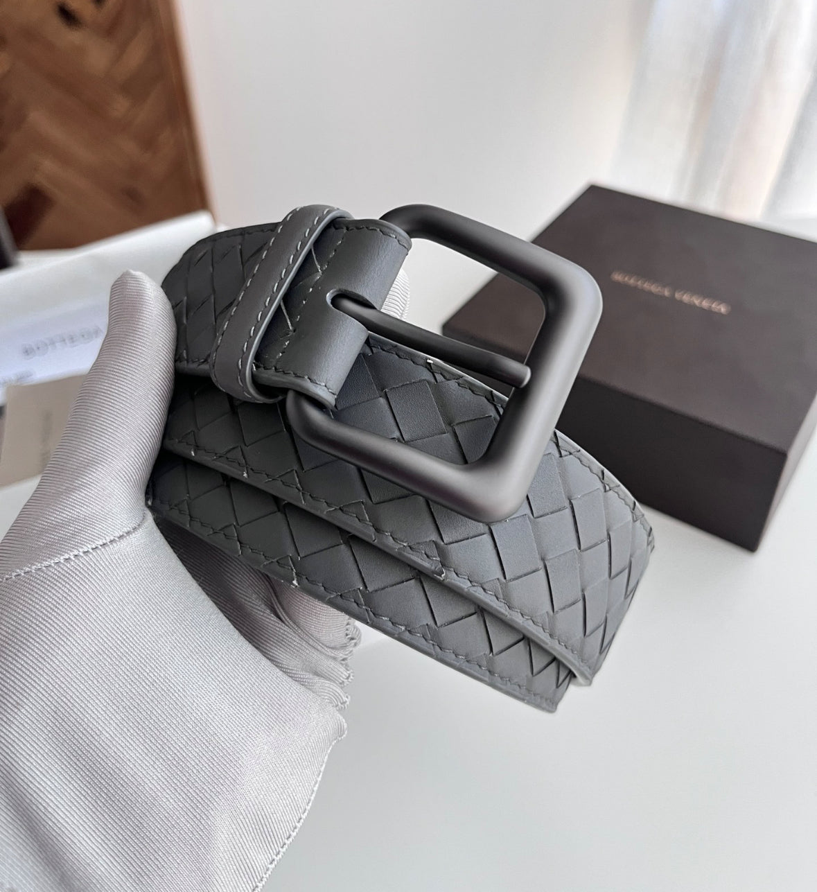Bottega Veneta Intrecciato Leather Belt – Grey/Gunmetal