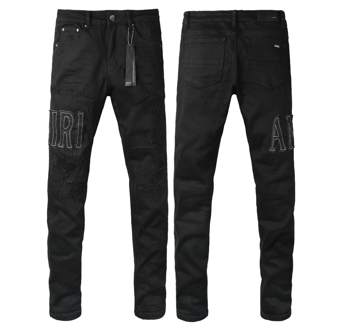 1. Amiri Logo Patch Distressed Jeans – Black