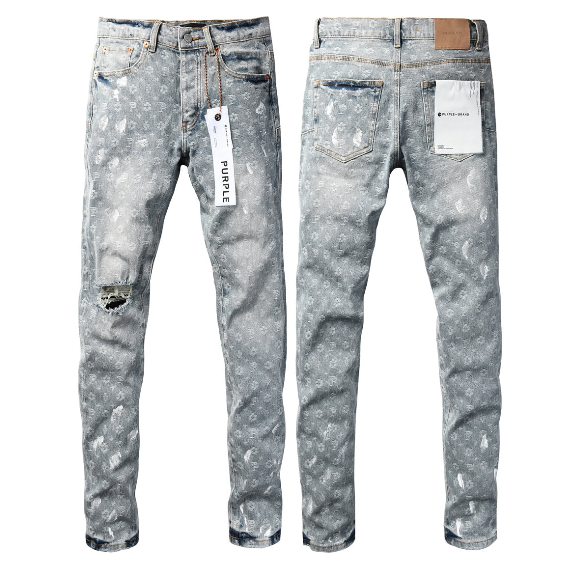 Purple Brand Grey Monogram Distressed Denim Jeans