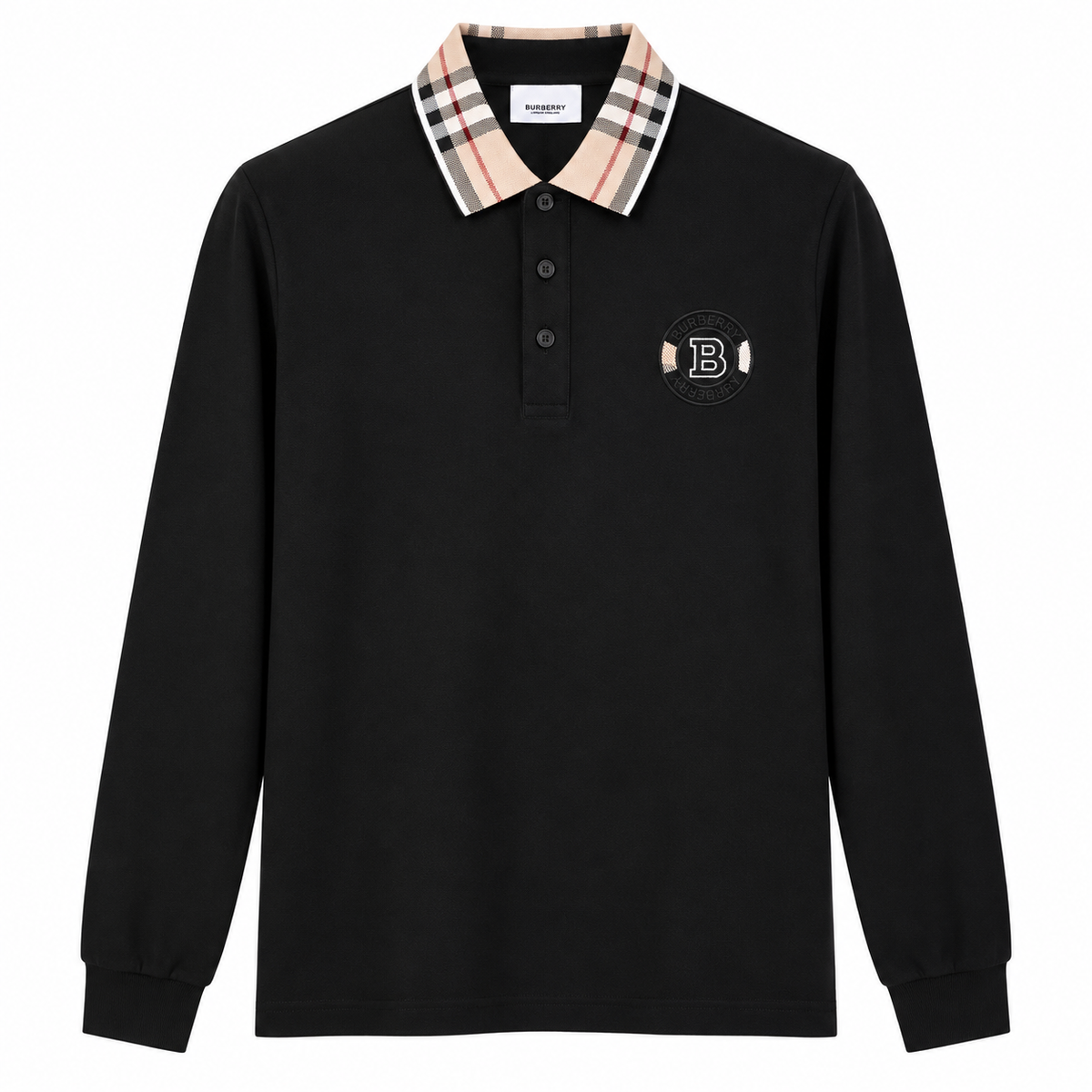 Burberry Long-Sleeve Check Collar Polo Shirt – Black