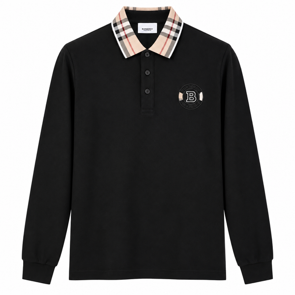 Polo Burberry a maniche lunghe con colletto a quadri – Nero