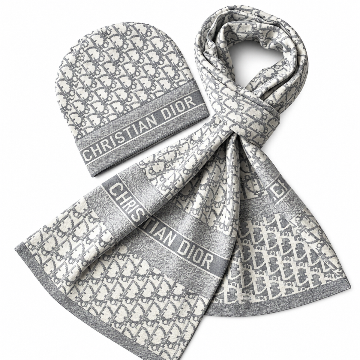 Dior Oblique Beanie & Scarf Set – White