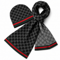 Gucci GG Beanie & Scarf Set – Black/Grey/Red