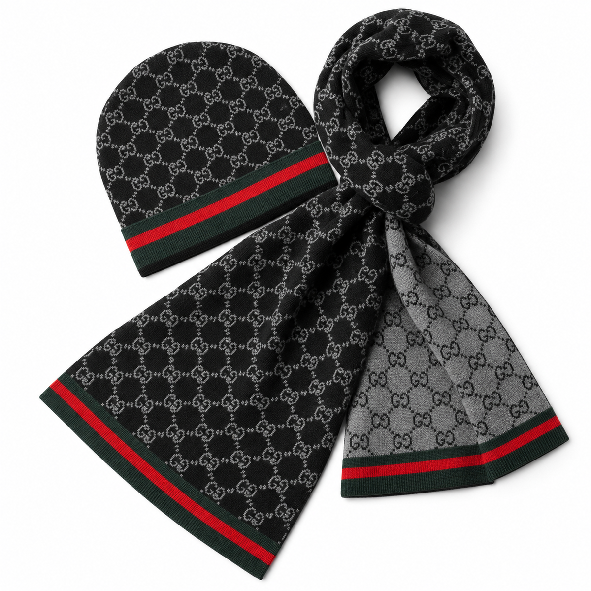 Gucci GG Beanie & Scarf Set – Black/Grey/Red