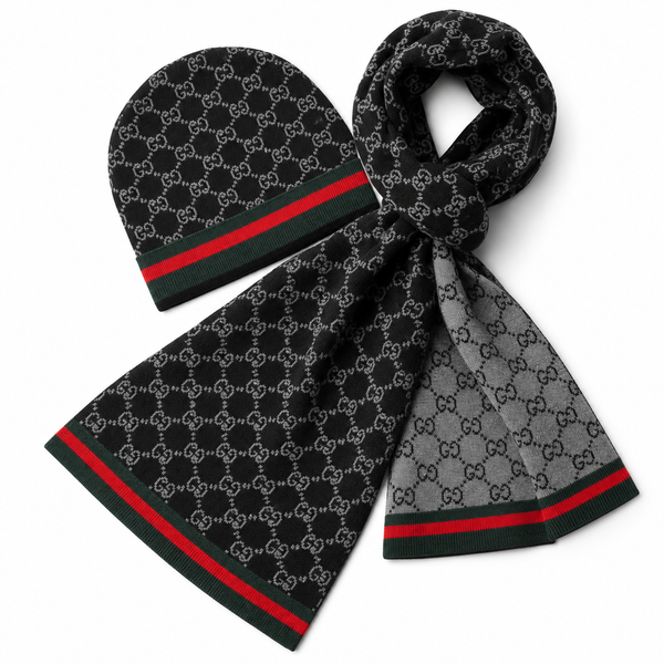 Set Gucci GG con berretto e sciarpa – Nero/grigio/rosso