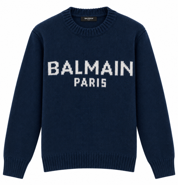 Maglione in maglia con logo Balmain Paris – Blu navy/Bianco