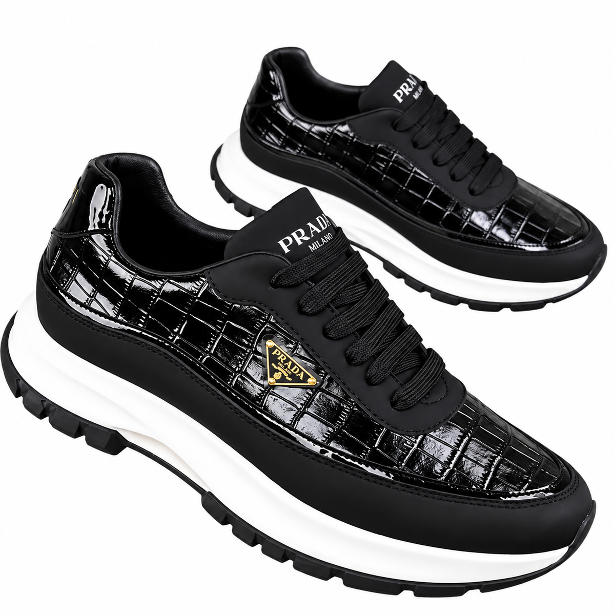 Prada Crocodile-Effect Sneakers – Black/White