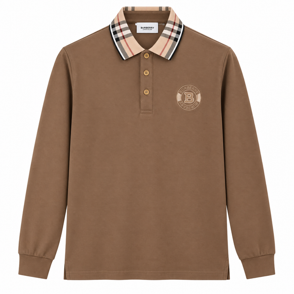 Polo Burberry marrone a maniche lunghe con colletto a quadri