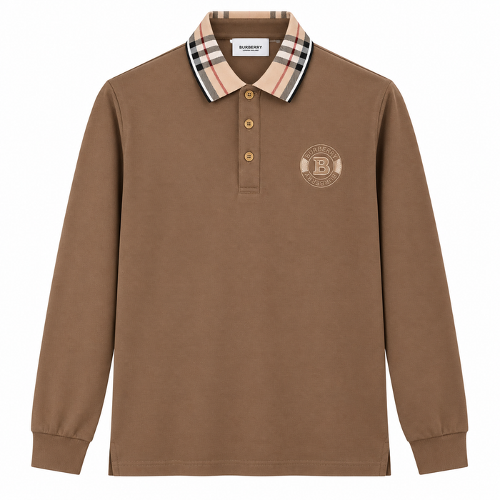 Polo Burberry marrone a maniche lunghe con colletto a quadri