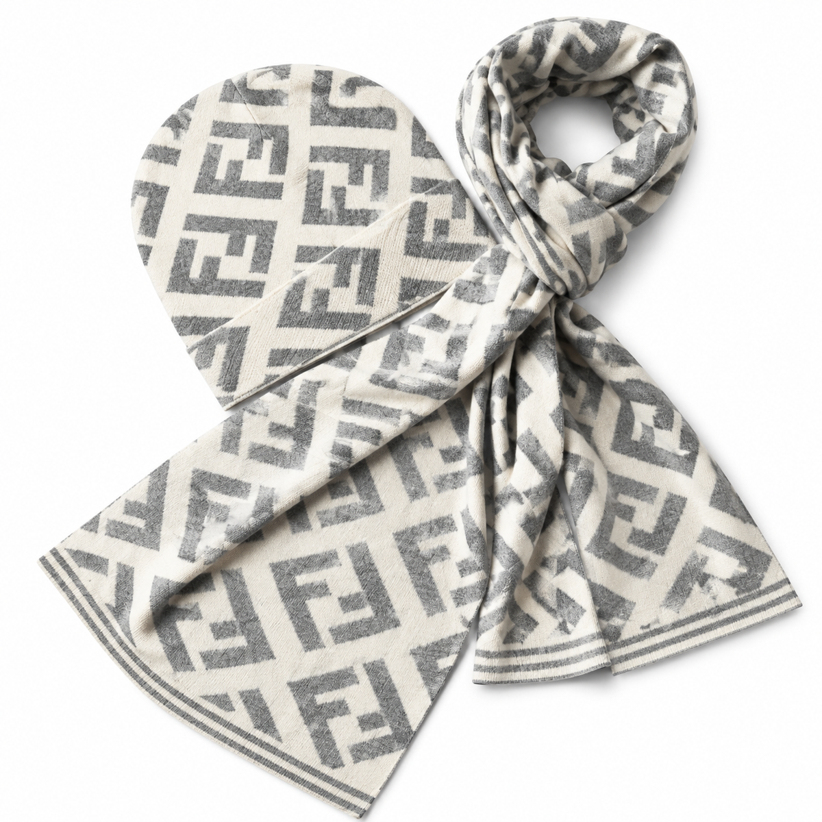 Fendi FF Beanie & Scarf Set – White/Grey
